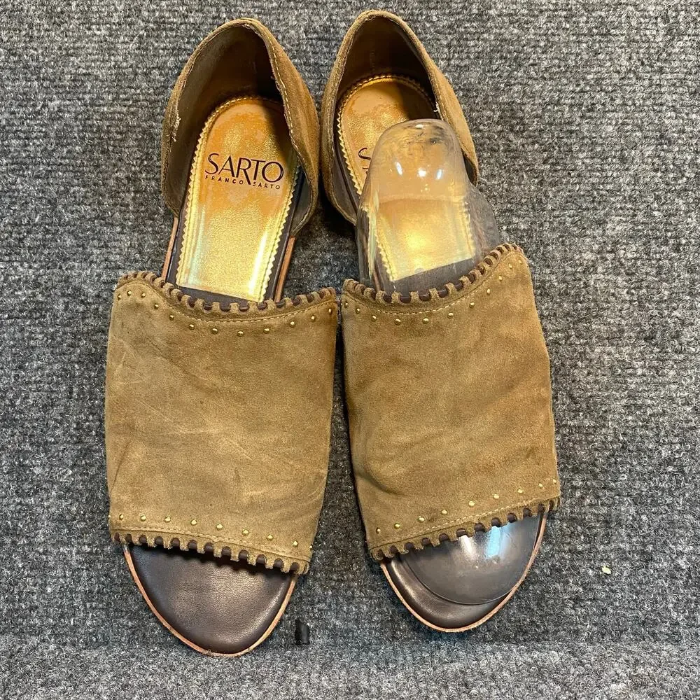 Franco Sarto Womens 8.5 Azmond Brown Suede Stud Slip On Flats Sandals Open Toe